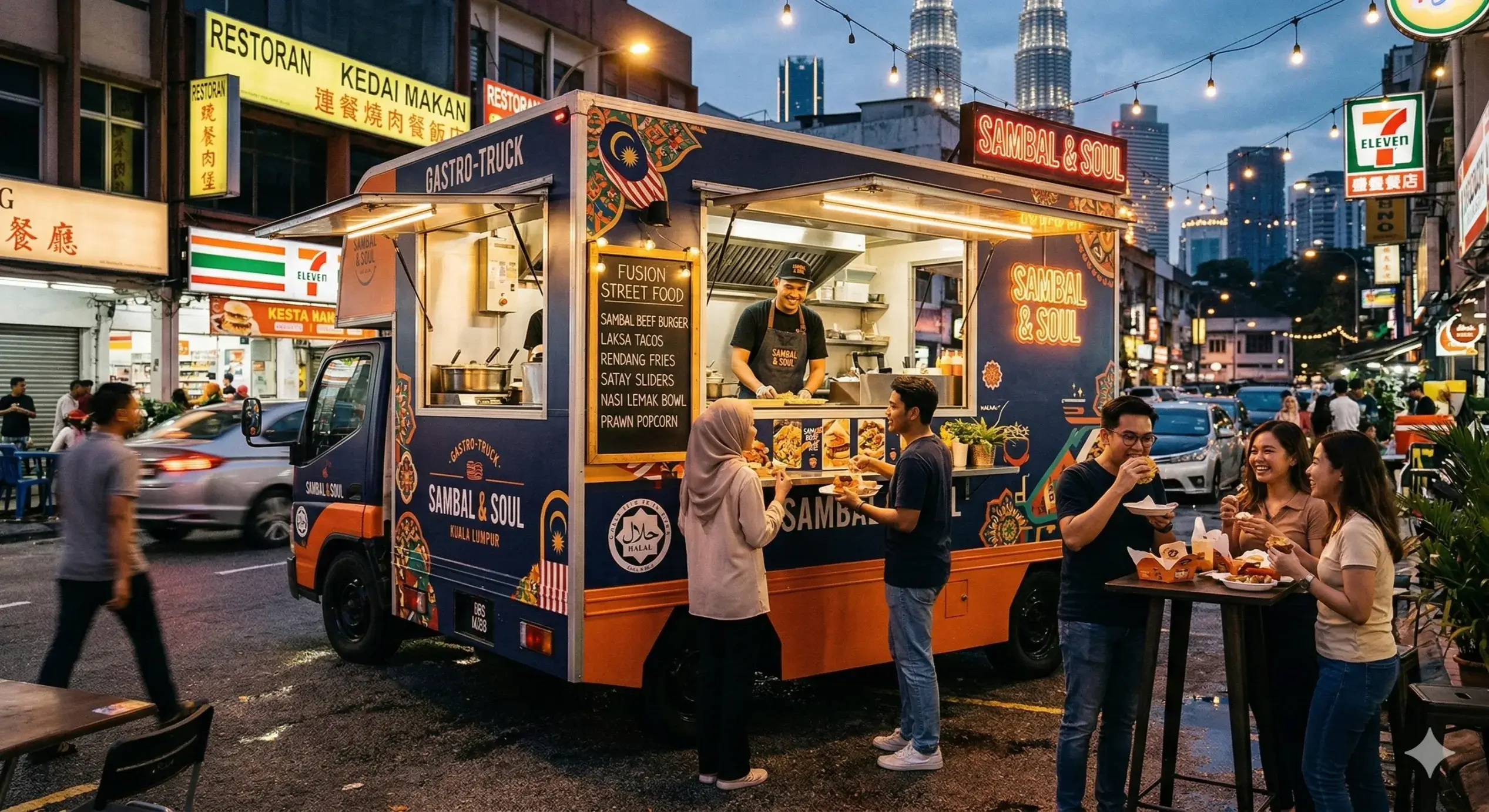 Modern Malaysian food trucks serving gourmet street food in Kuala Lumpur