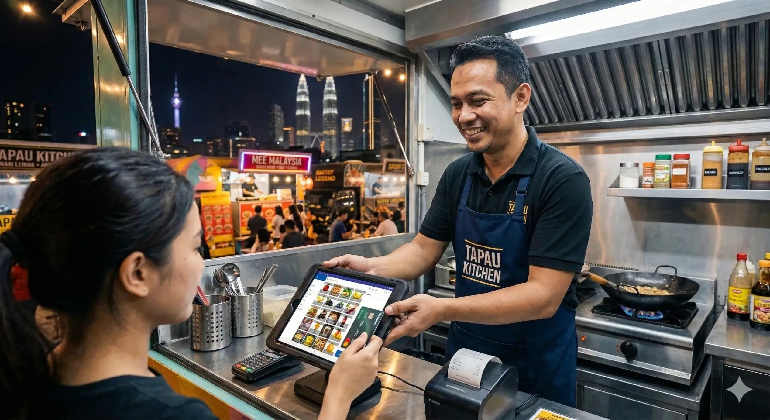 Food truck vendor in Malaysia using a mobile POS system to accept digital payments
