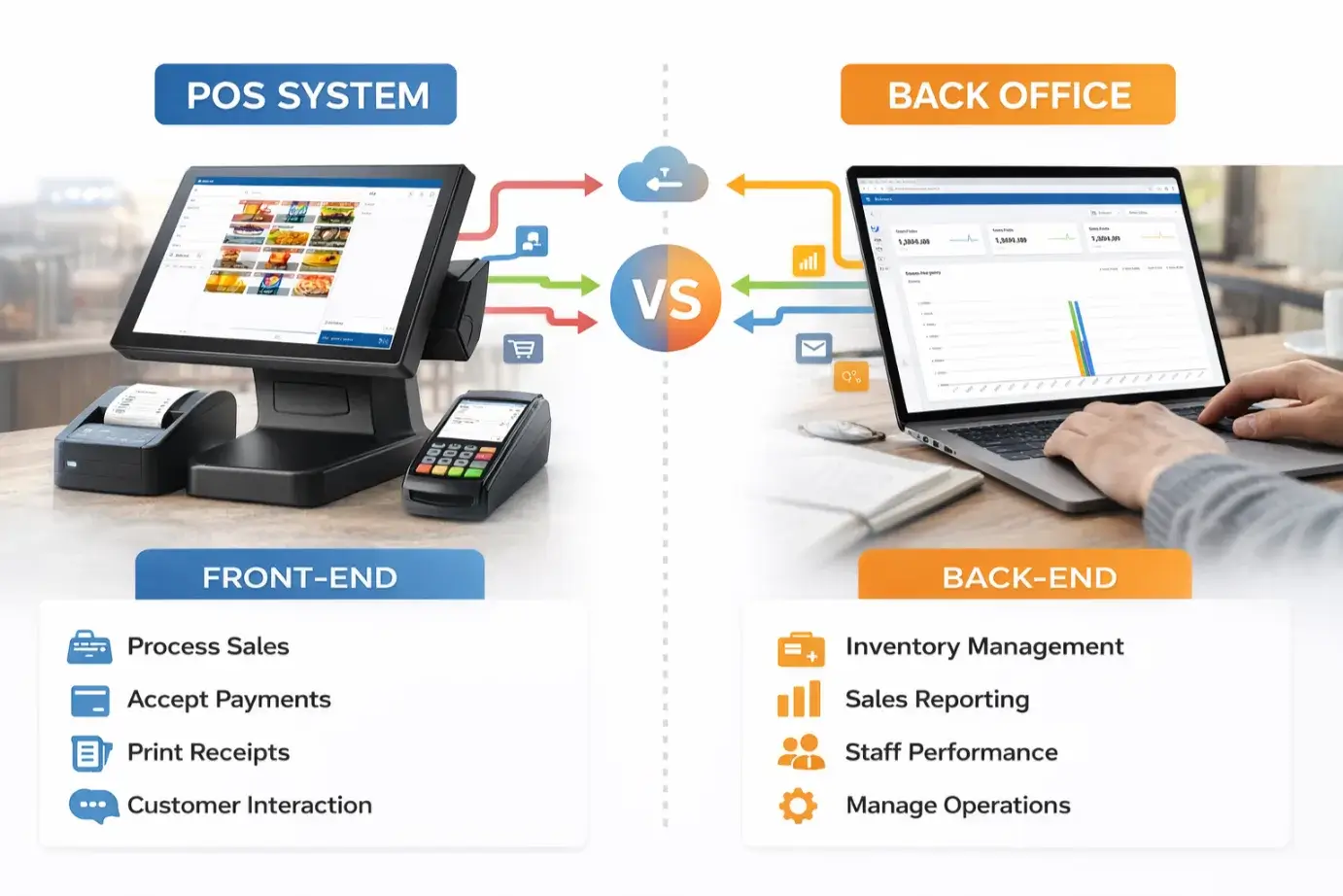 Comparison of POS system front-end screen and back office dashboard showing the difference between processing sales at the counter and managing inventory, reports, and business operations in the back office.