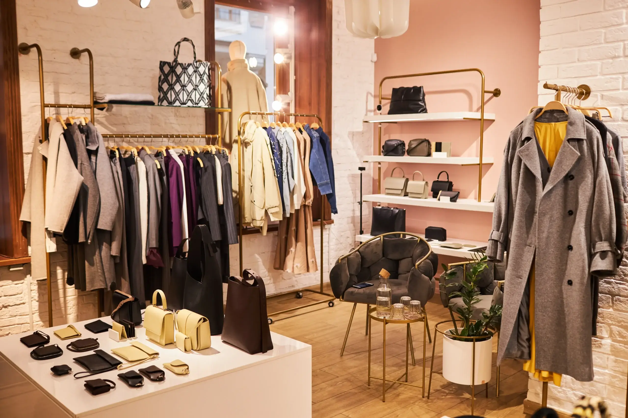 Designer clothing store with clothes and accessories 