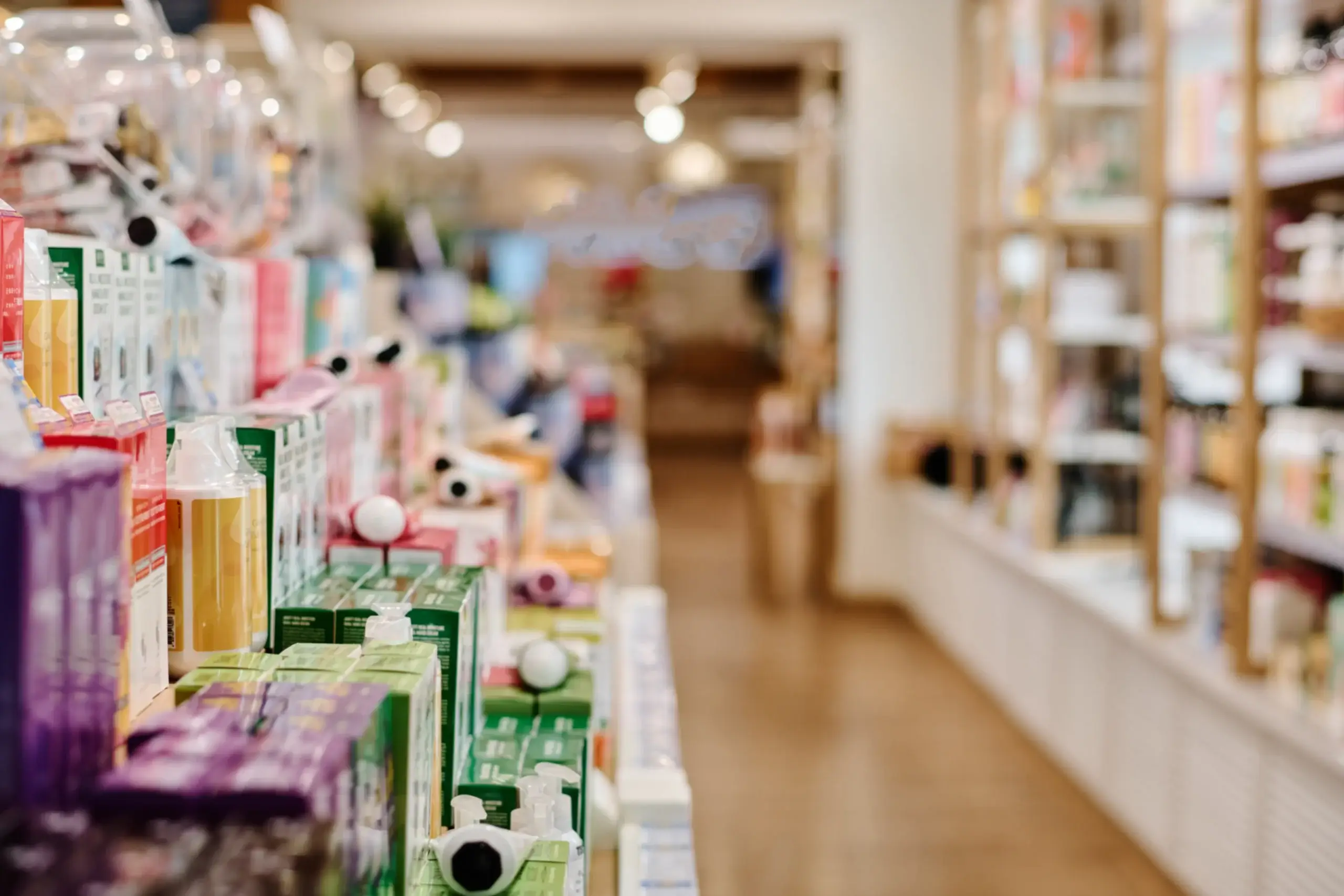 Modern brick-and-mortar retail store displaying products on organized shelves