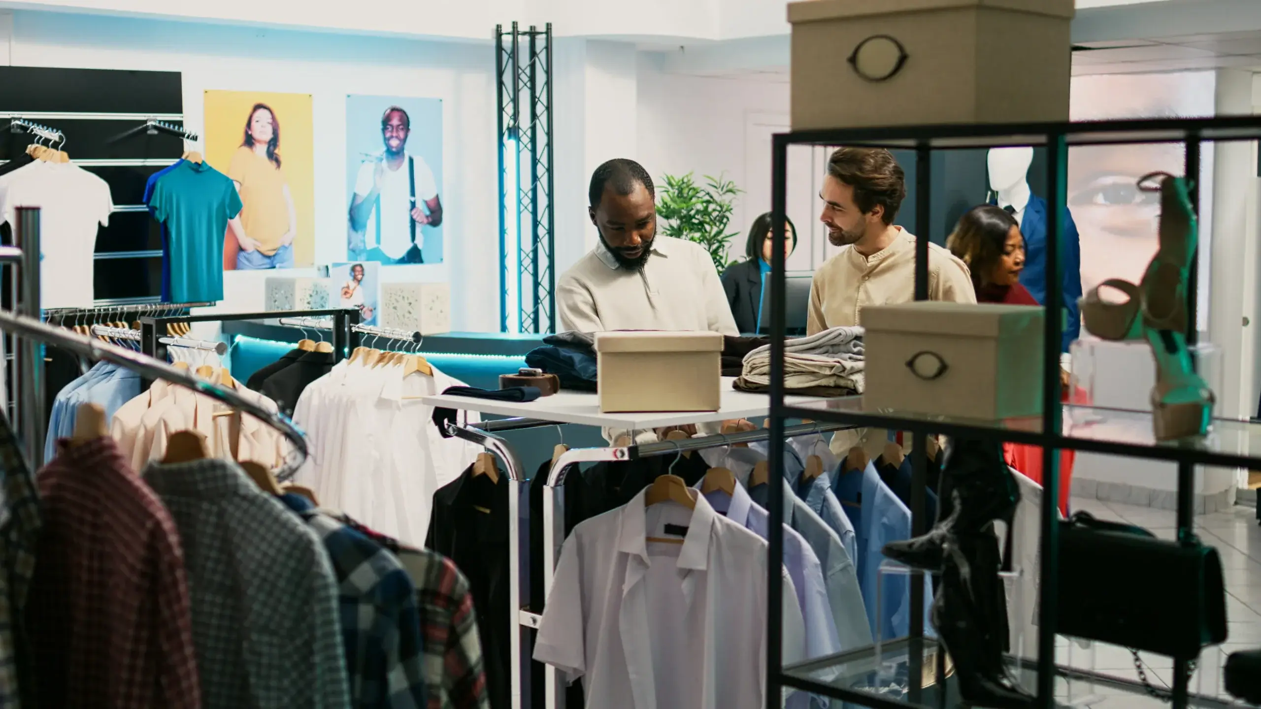Customer examining products in a retail store before making a purchase decision