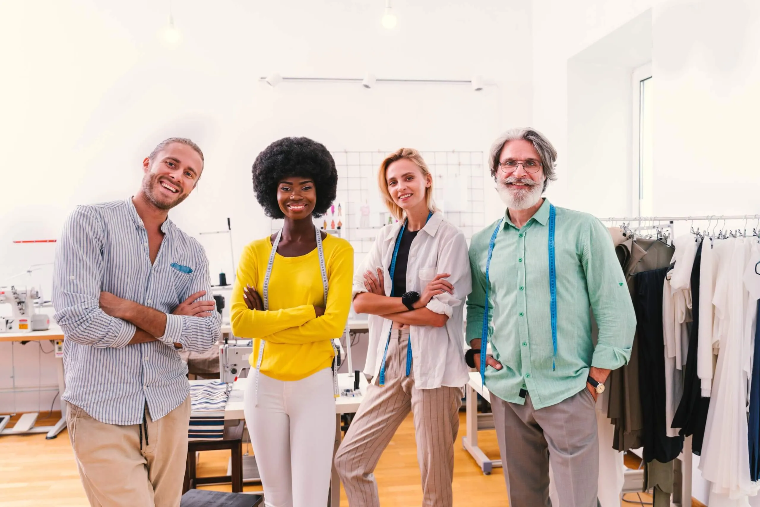 A group of four people positioned in front of a clothing rack, engaged in examining the displayed apparel and accessories