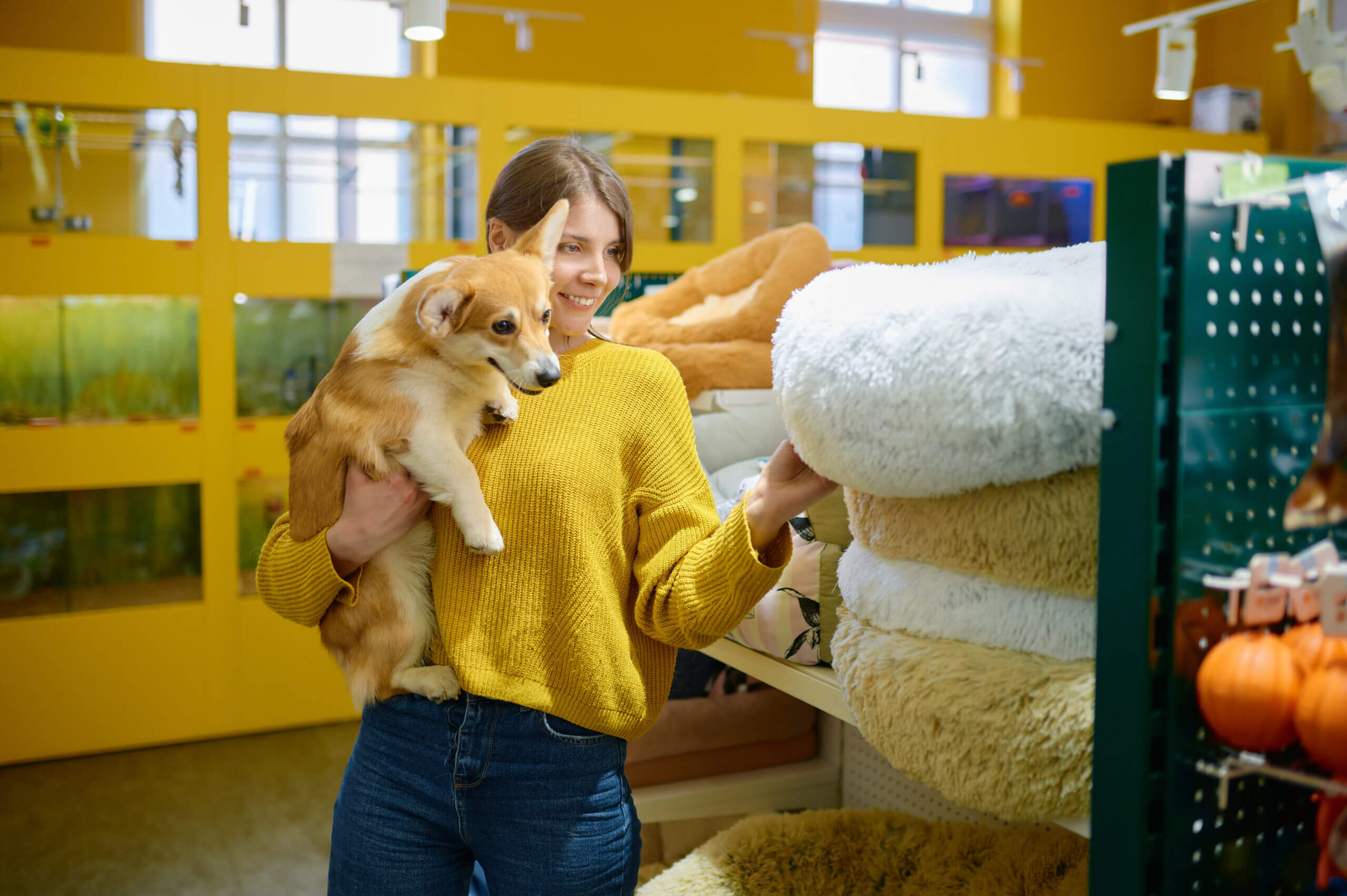 Woman holding a corgi dog while choosing a pet bed in a pet store using a cloud-based POS system.