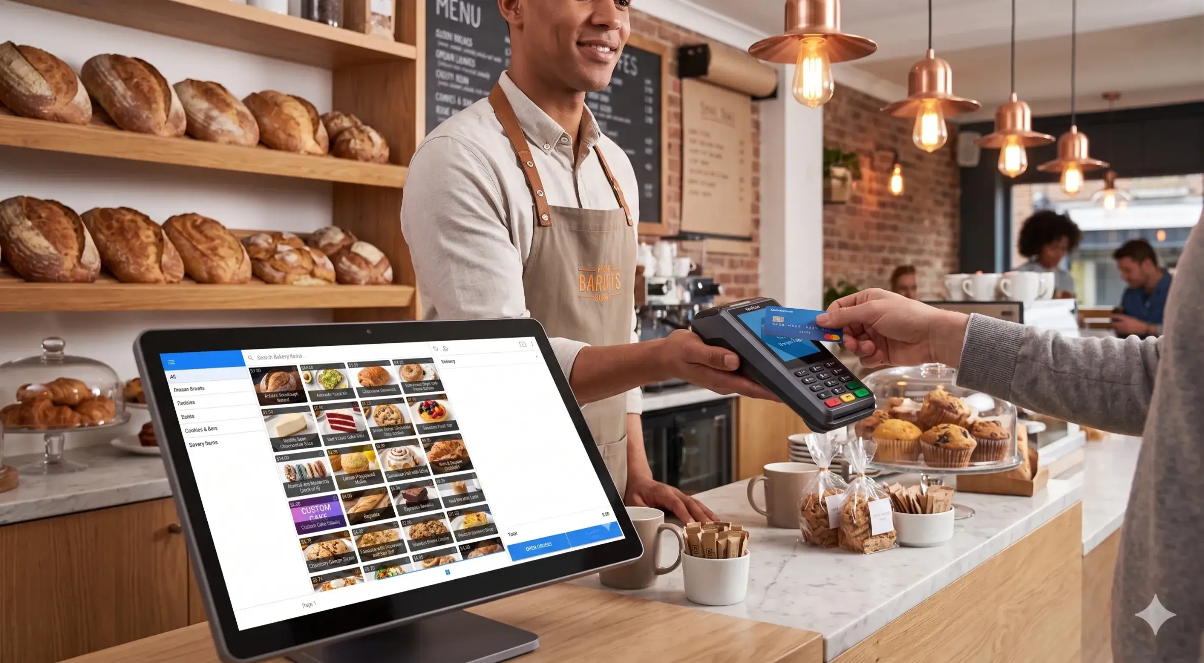 Bakery cashier using POS system to accept card payment from customer