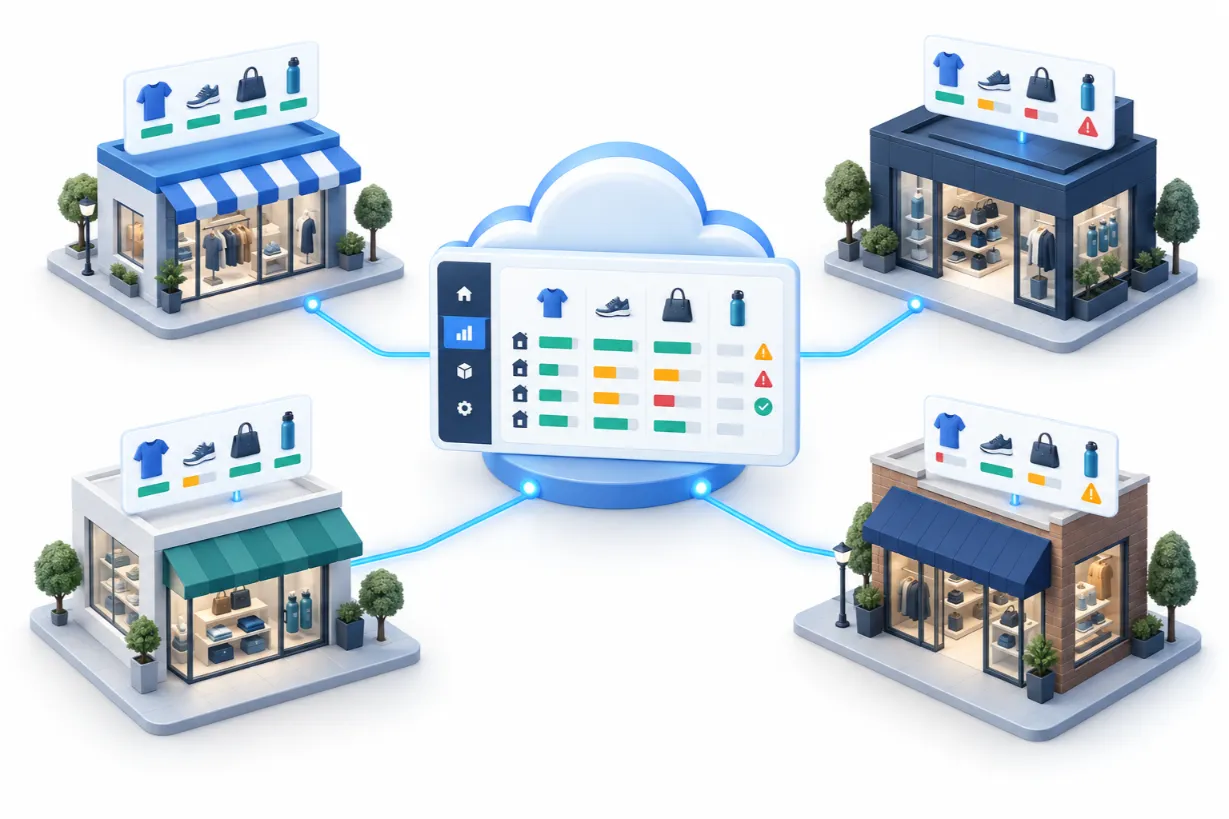 Four retail stores connected to a central cloud inventory dashboard with stock-level alerts