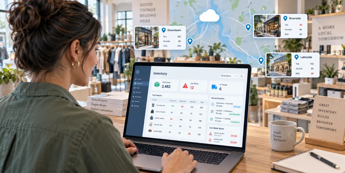 Business owner viewing a cloud POS dashboard with inventory data from three retail store locations