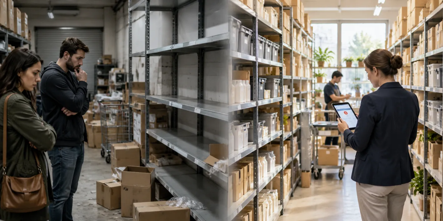 Comparison of an empty disorganised stockroom and a well-organised retail inventory system