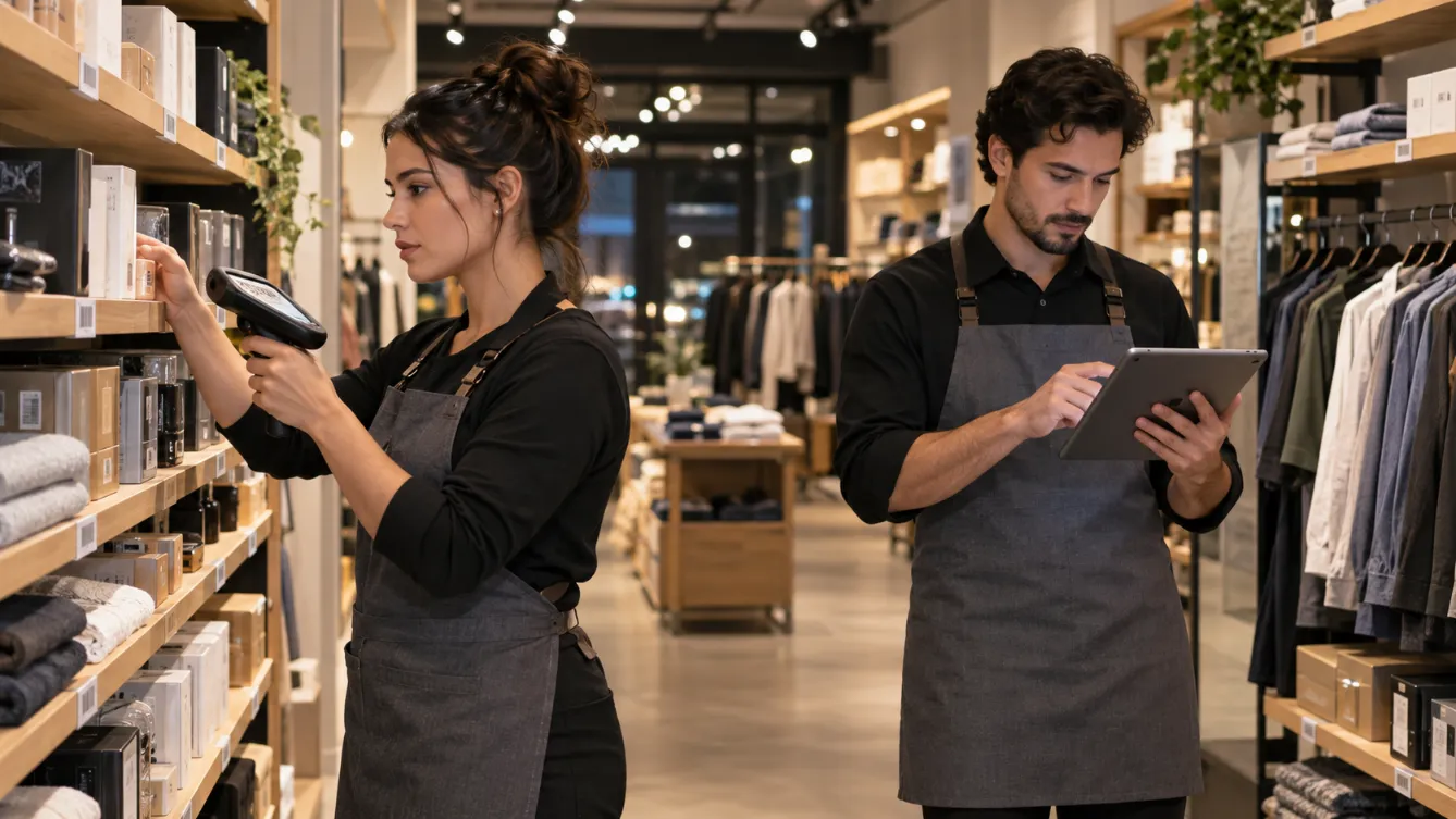 Two retail employees using a mobile POS device and tablet to count store inventory