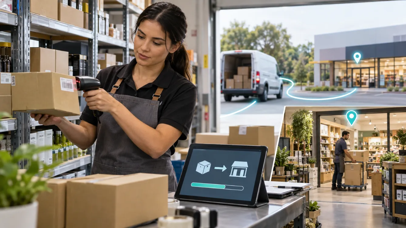 Retail employee scanning products and transferring stock to another store location