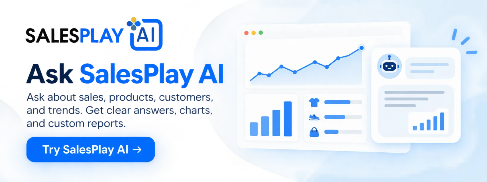 SalesPlay AI banner showing POS reports, sales data, charts, and custom reporting tools for business owners.
